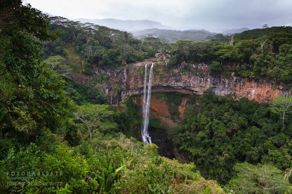 Wasserfall über gebogenen Felsen im Dschungel