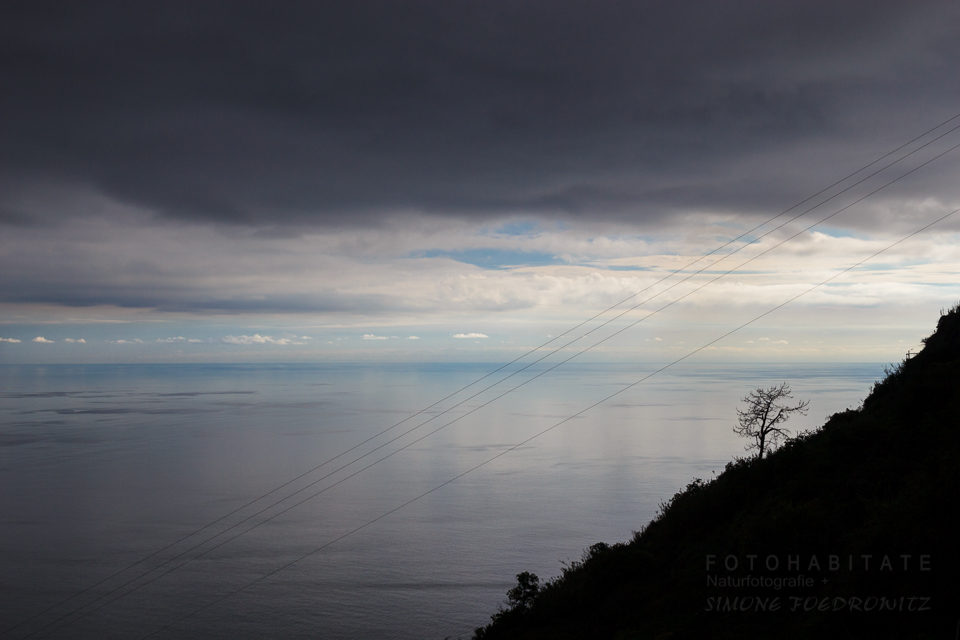 Berghang mit Stromleitungen am Meer