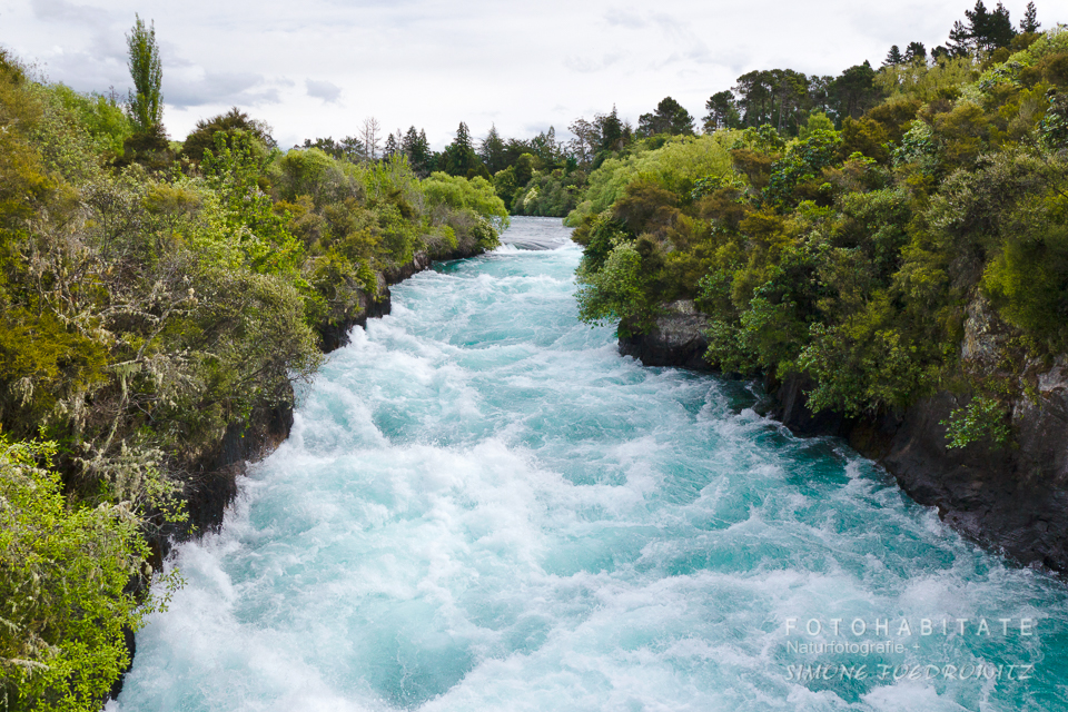 sprudelnder Fluss zwischen baumbewachsenen Felsen